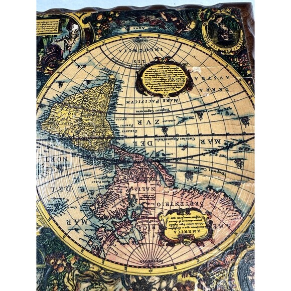 Vintage Carved Wood Box Hinged Lid Old World Map Folk Art Spain 7.75 W 1960’s - Picture 5 of 12